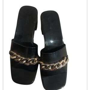 Glossy Black Block Heel Sandals